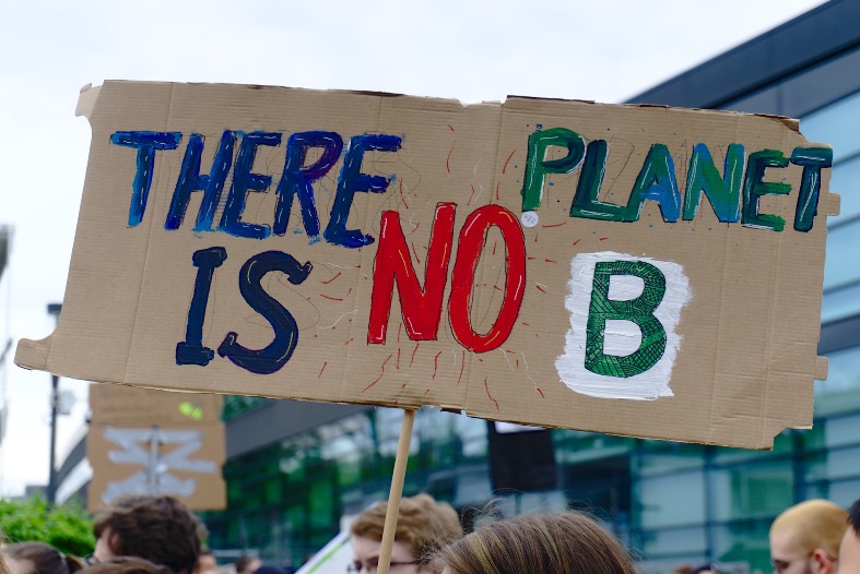 People demonstrating and one sign that reads "There is no planet B"