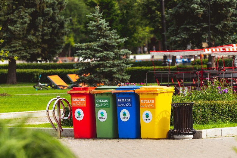 Trash bins at a park for sorting trash for recycling