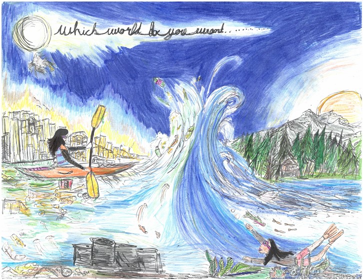 Illustration of young kayaker in plastic filled water and pristine wate
