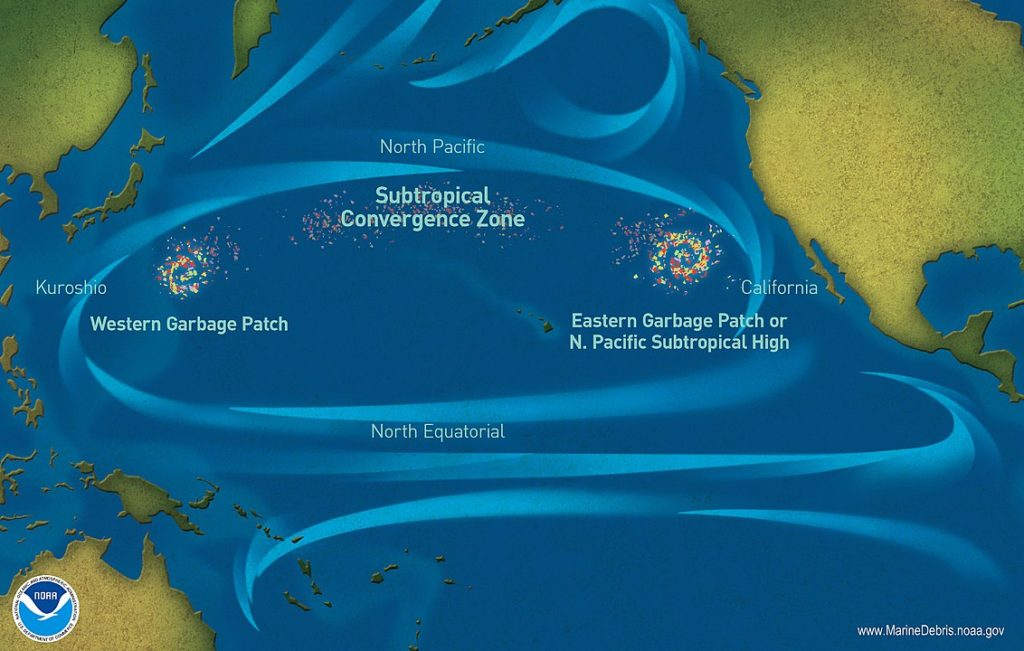 Illustration of Pacific Ocean map of several garbage patches
