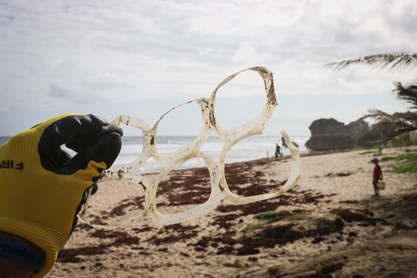 Six-pack ring on the beach, often snag and harm marine animals